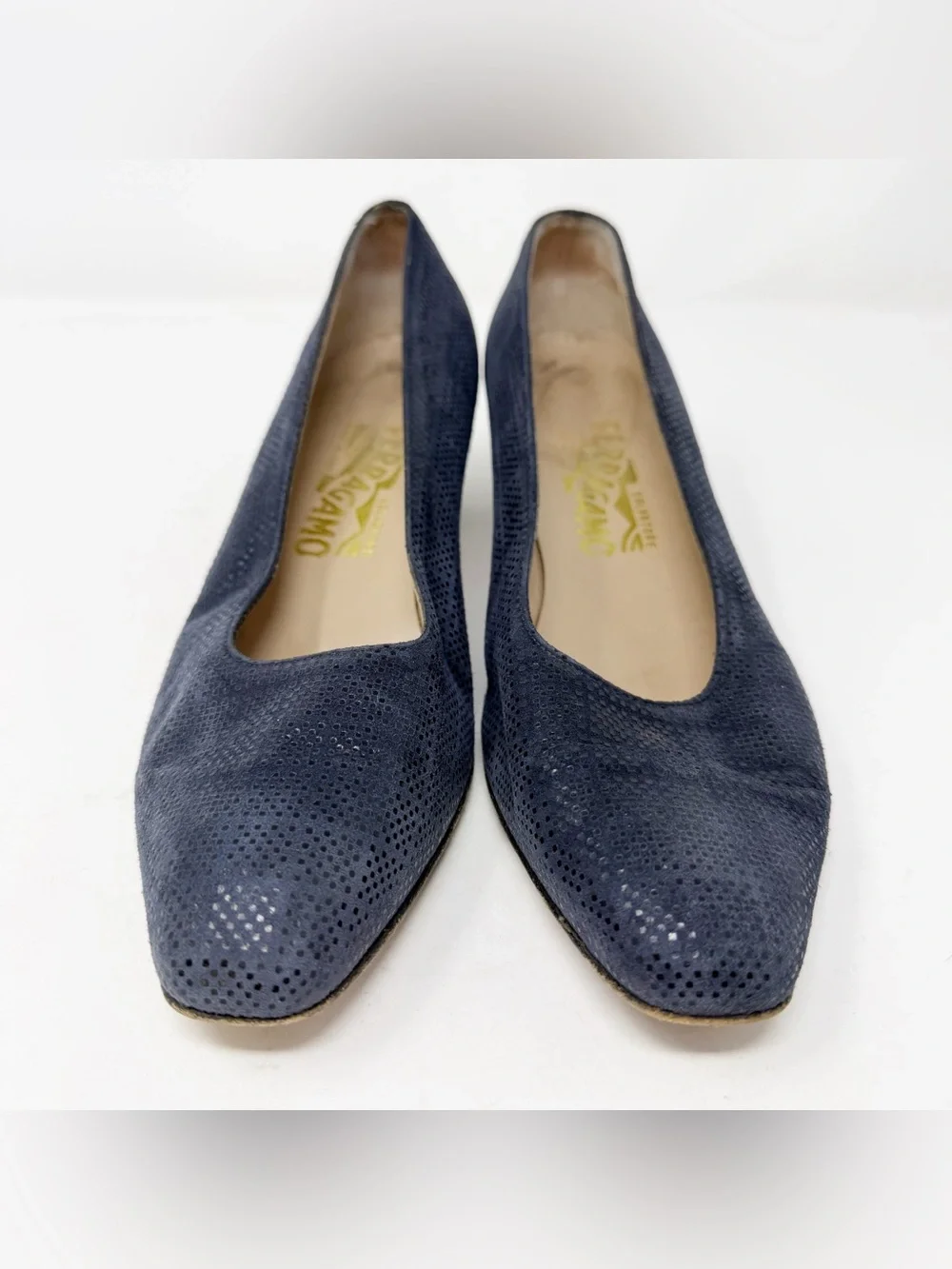 Salvatore Ferragamo Blue Perforated Suede Low Heel Pumps Womens Size 8 Italy